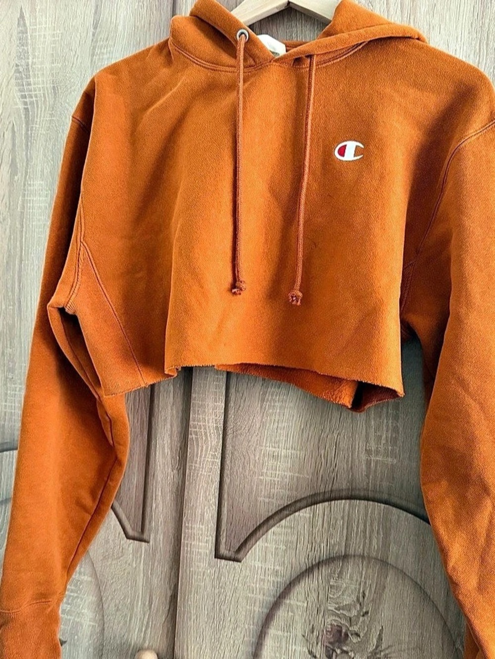 Champion Reverse Weave Cropped Cut Off Pullover Hoodie Cropped Hoodie Orange XS